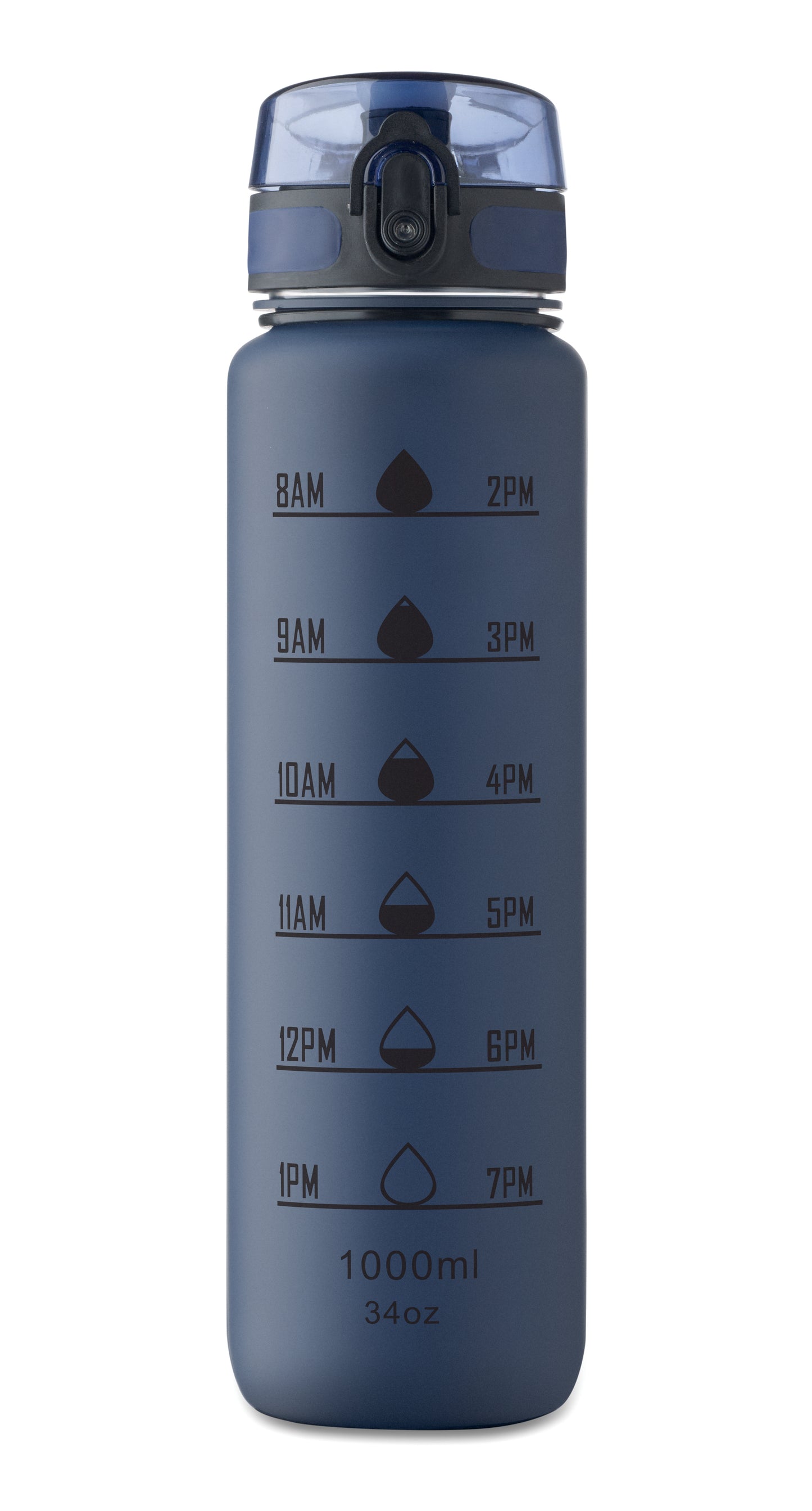 Sport-Trinkflasche aus RPET. Motivierende Zeitmarkierung einhändig zu öffnender Flip-Top-Deckel Sicherheitsverschluss und Trageriemen.