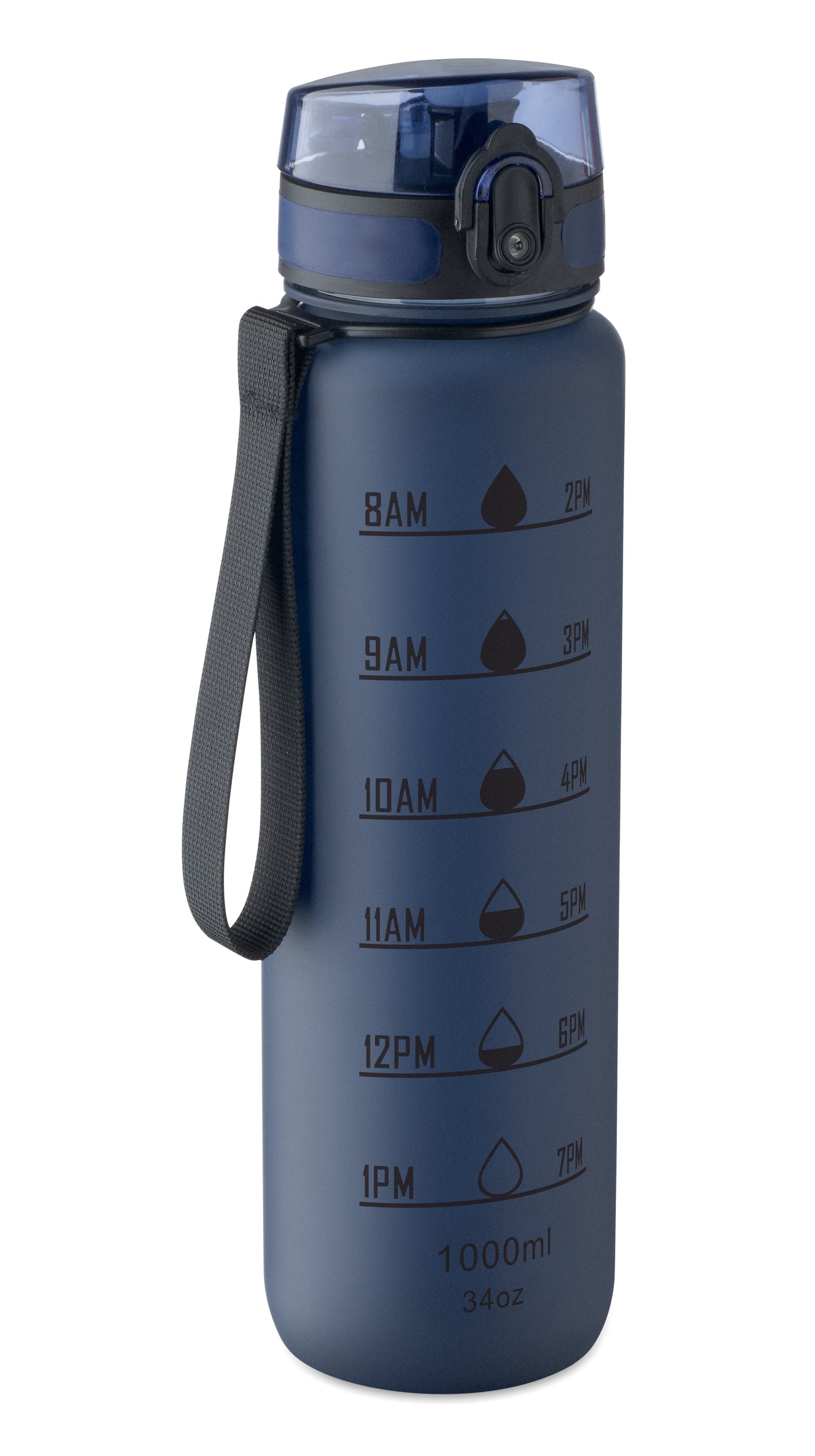Sport-Trinkflasche aus RPET. Motivierende Zeitmarkierung einhändig zu öffnender Flip-Top-Deckel Sicherheitsverschluss und Trageriemen.