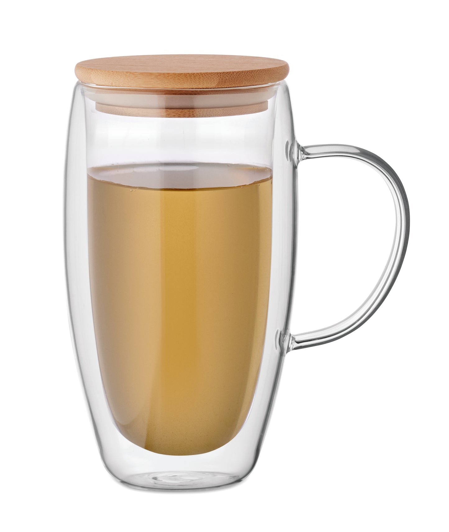 Doppelwandiges Borosilikatglas mit Henkel. Deckel aus Bambus. Füllmenge: 450 ml.