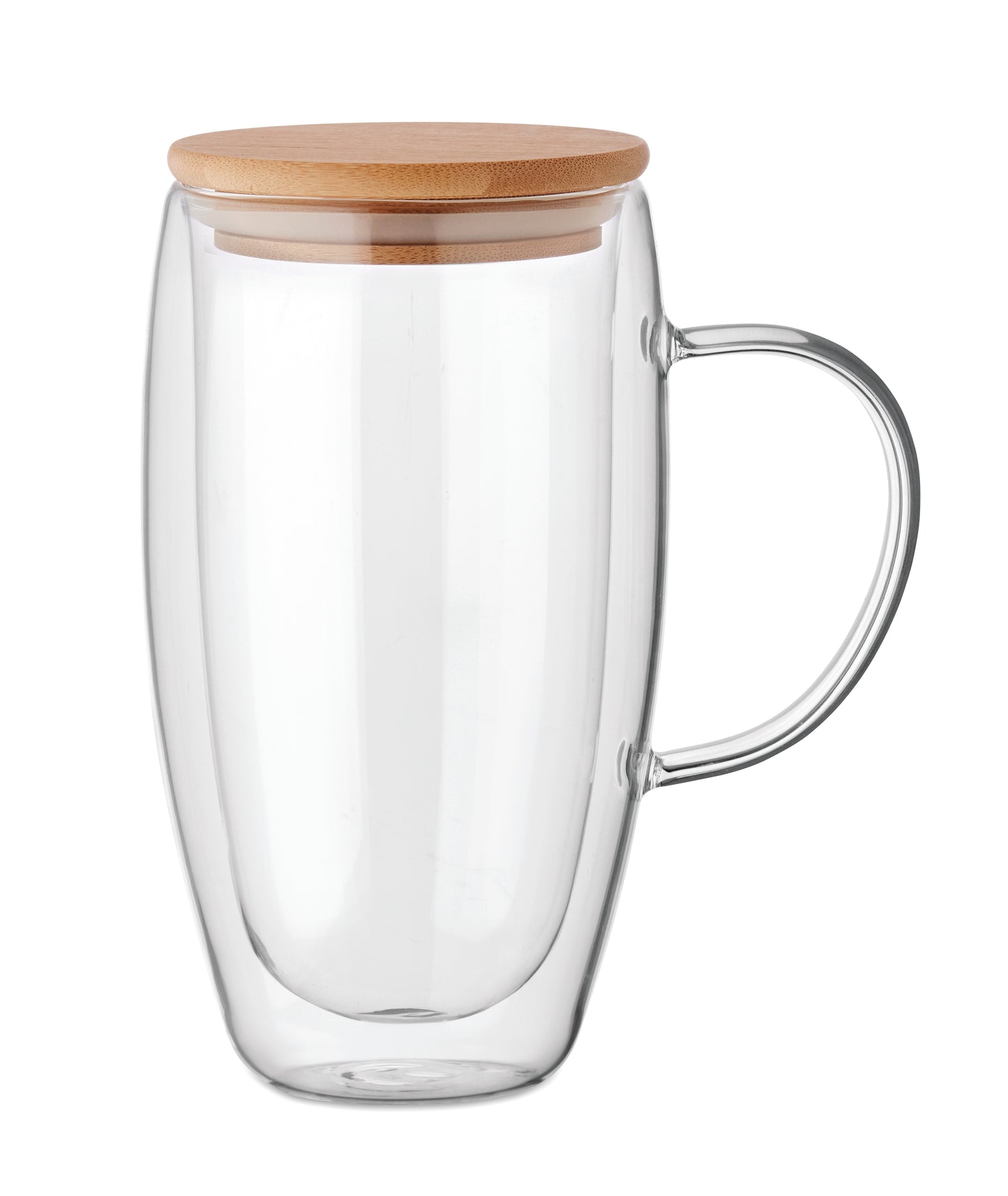 Doppelwandiges Borosilikatglas mit Henkel. Deckel aus Bambus. Füllmenge: 450 ml.