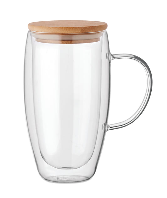 Doppelwandiges Borosilikatglas mit Henkel. Deckel aus Bambus. Füllmenge: 450 ml.