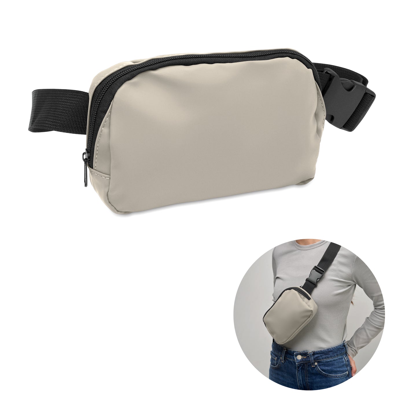 Gürteltasche (Crossbody-Tasche) aus soften PU mit 210D RPET Polyester-Futter. Haupttasche mit Reißverschluss