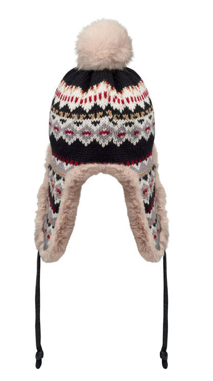 Gestrickte Mütze mit Ohrenklappen und Bommel aus Acrylfaser mit Polyester- und Fleece-Futter.