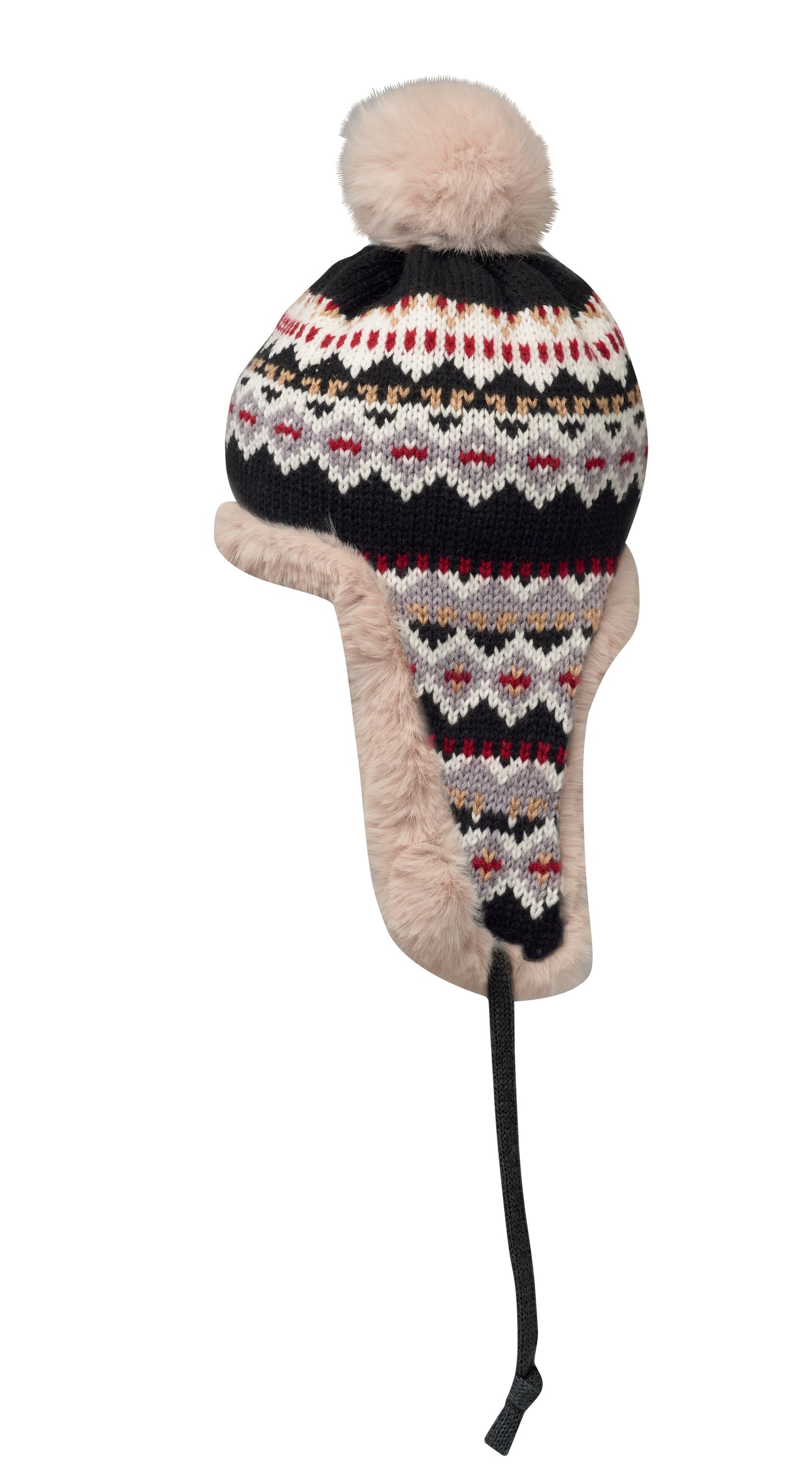 Gestrickte Mütze mit Ohrenklappen und Bommel aus Acrylfaser mit Polyester- und Fleece-Futter.