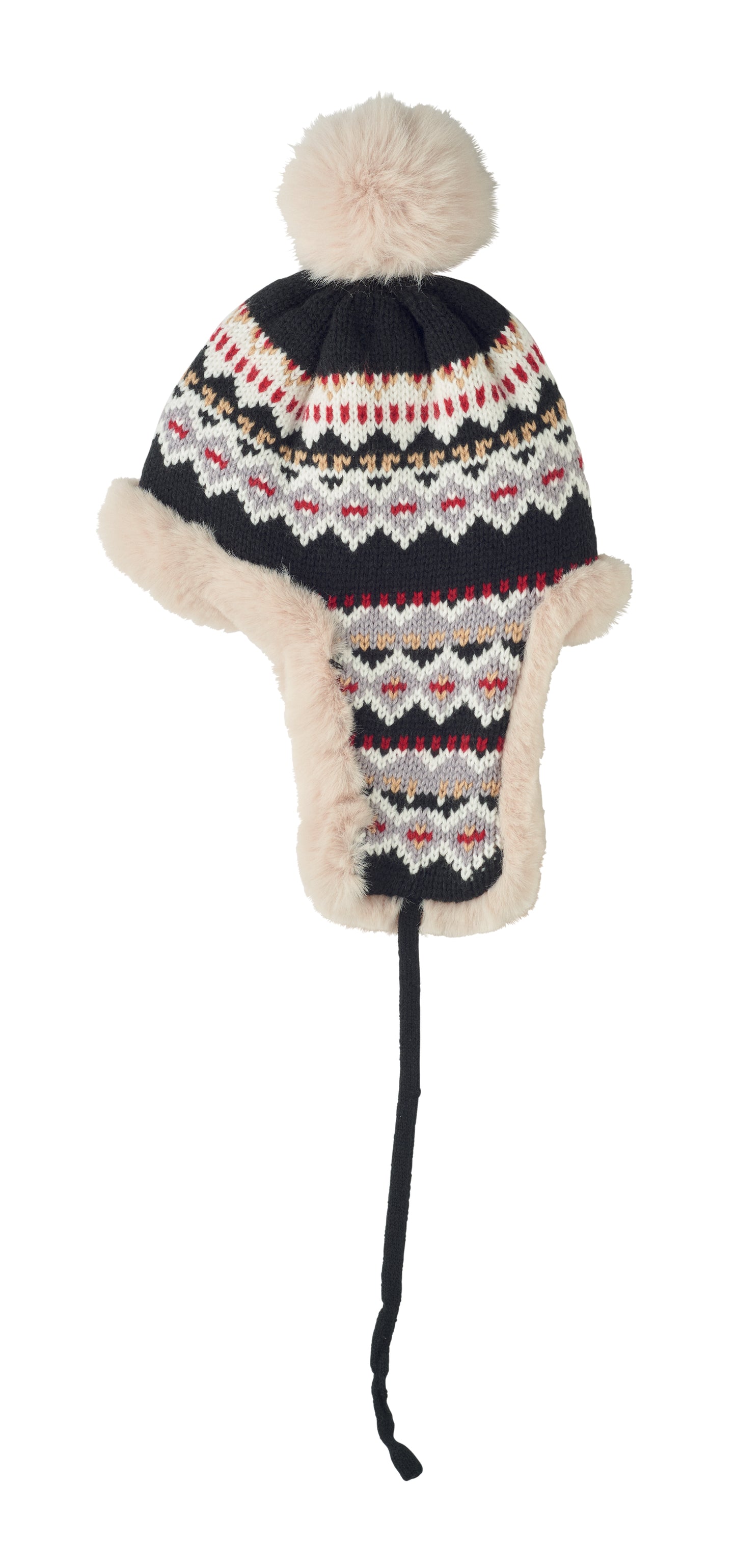 Gestrickte Mütze mit Ohrenklappen und Bommel aus Acrylfaser mit Polyester- und Fleece-Futter.