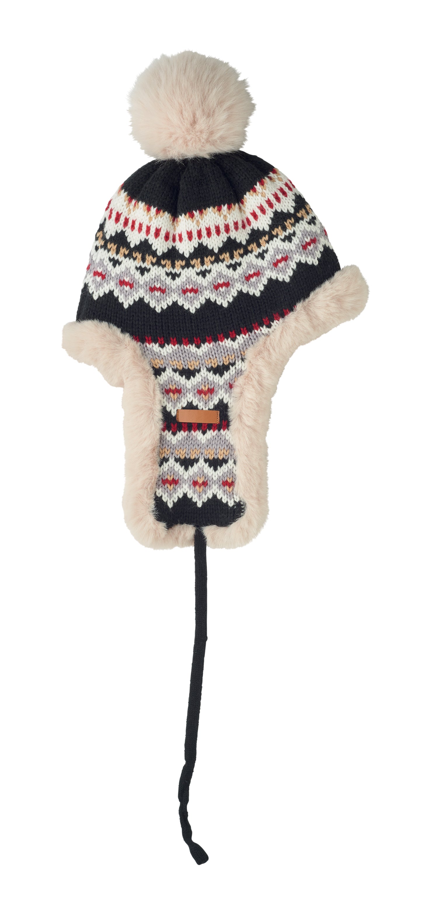 Gestrickte Mütze mit Ohrenklappen und Bommel aus Acrylfaser mit Polyester- und Fleece-Futter.