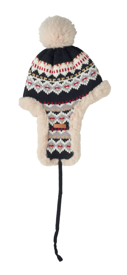 Gestrickte Mütze mit Ohrenklappen und Bommel aus Acrylfaser mit Polyester- und Fleece-Futter.