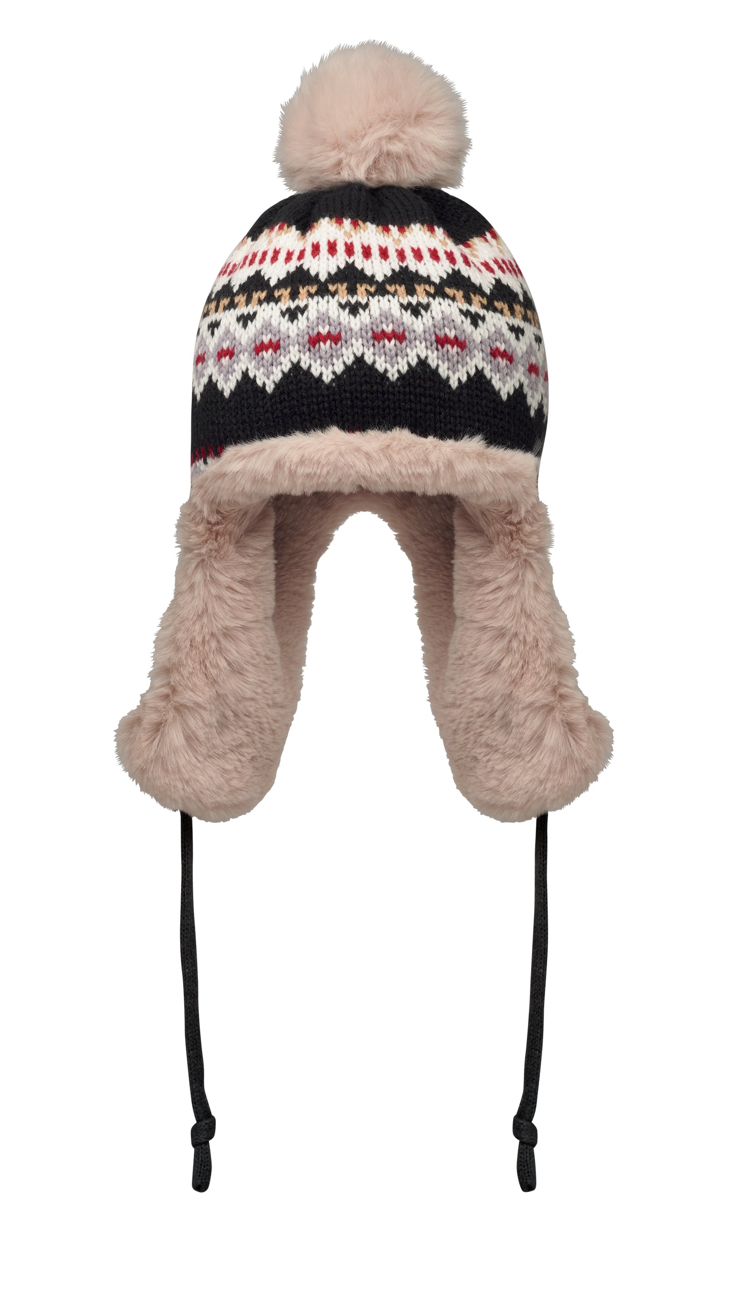 Gestrickte Mütze mit Ohrenklappen und Bommel aus Acrylfaser mit Polyester- und Fleece-Futter.