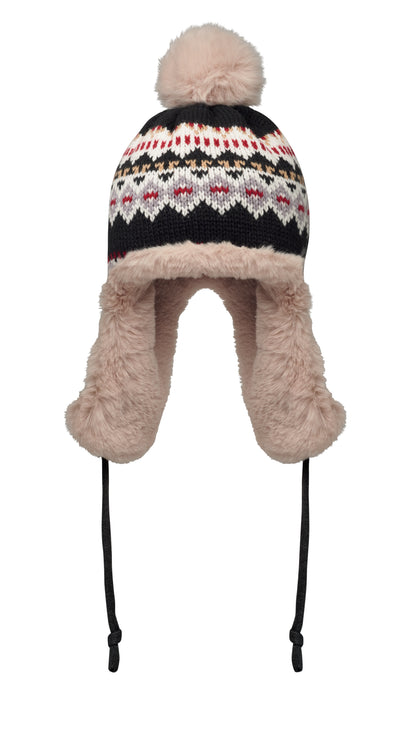 Gestrickte Mütze mit Ohrenklappen und Bommel aus Acrylfaser mit Polyester- und Fleece-Futter.