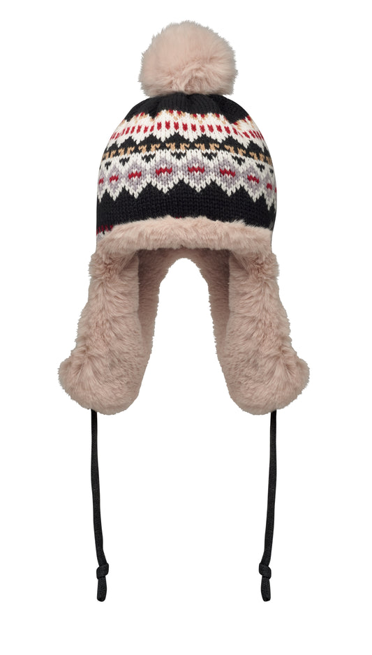 Gestrickte Mütze mit Ohrenklappen und Bommel aus Acrylfaser mit Polyester- und Fleece-Futter.