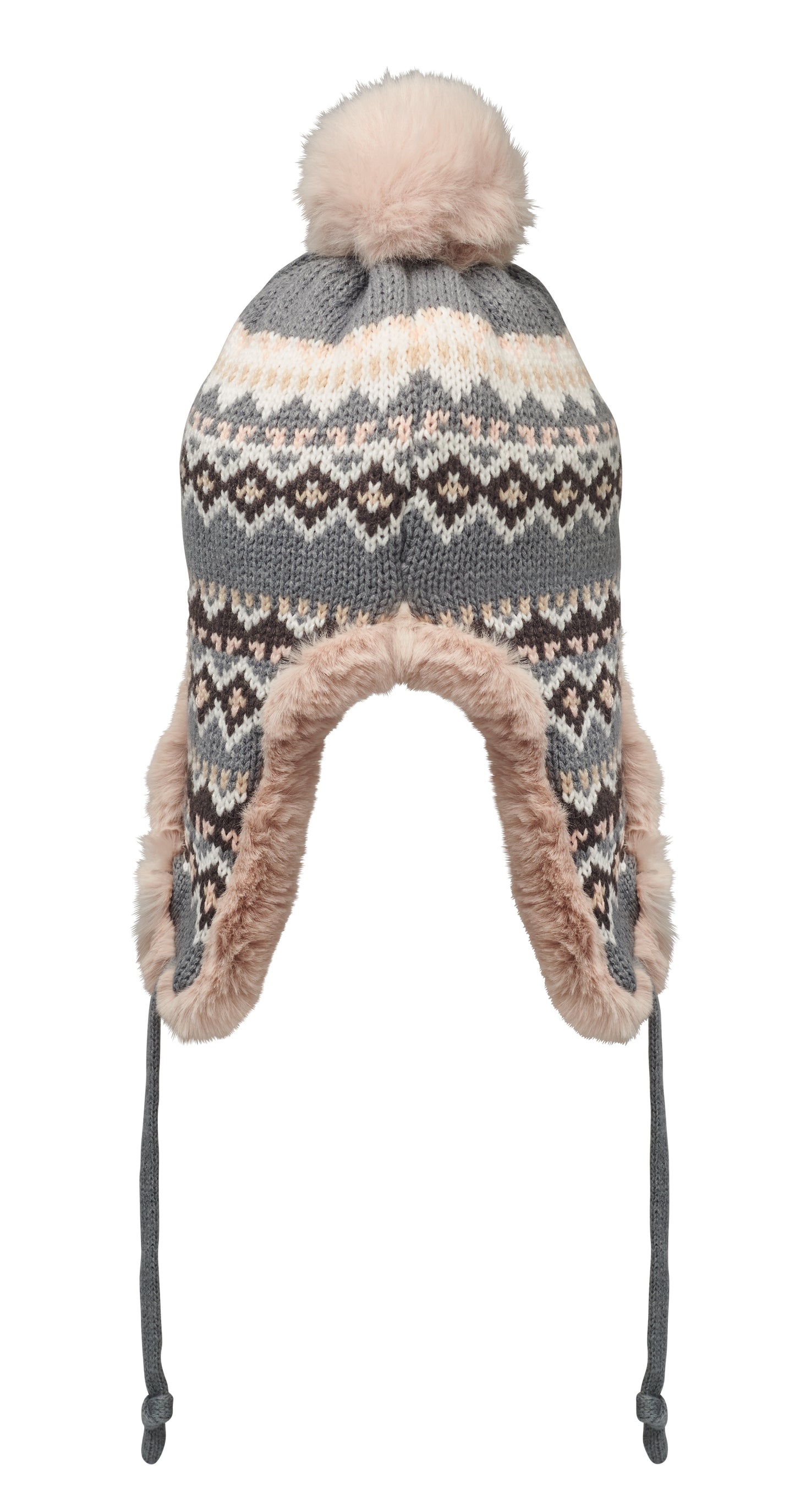 Gestrickte Mütze mit Ohrenklappen und Bommel aus Acrylfaser mit Polyester- und Fleece-Futter.