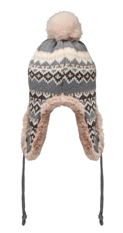Gestrickte Mütze mit Ohrenklappen und Bommel aus Acrylfaser mit Polyester- und Fleece-Futter.