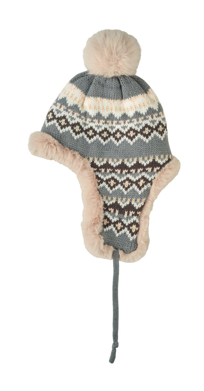 Gestrickte Mütze mit Ohrenklappen und Bommel aus Acrylfaser mit Polyester- und Fleece-Futter.