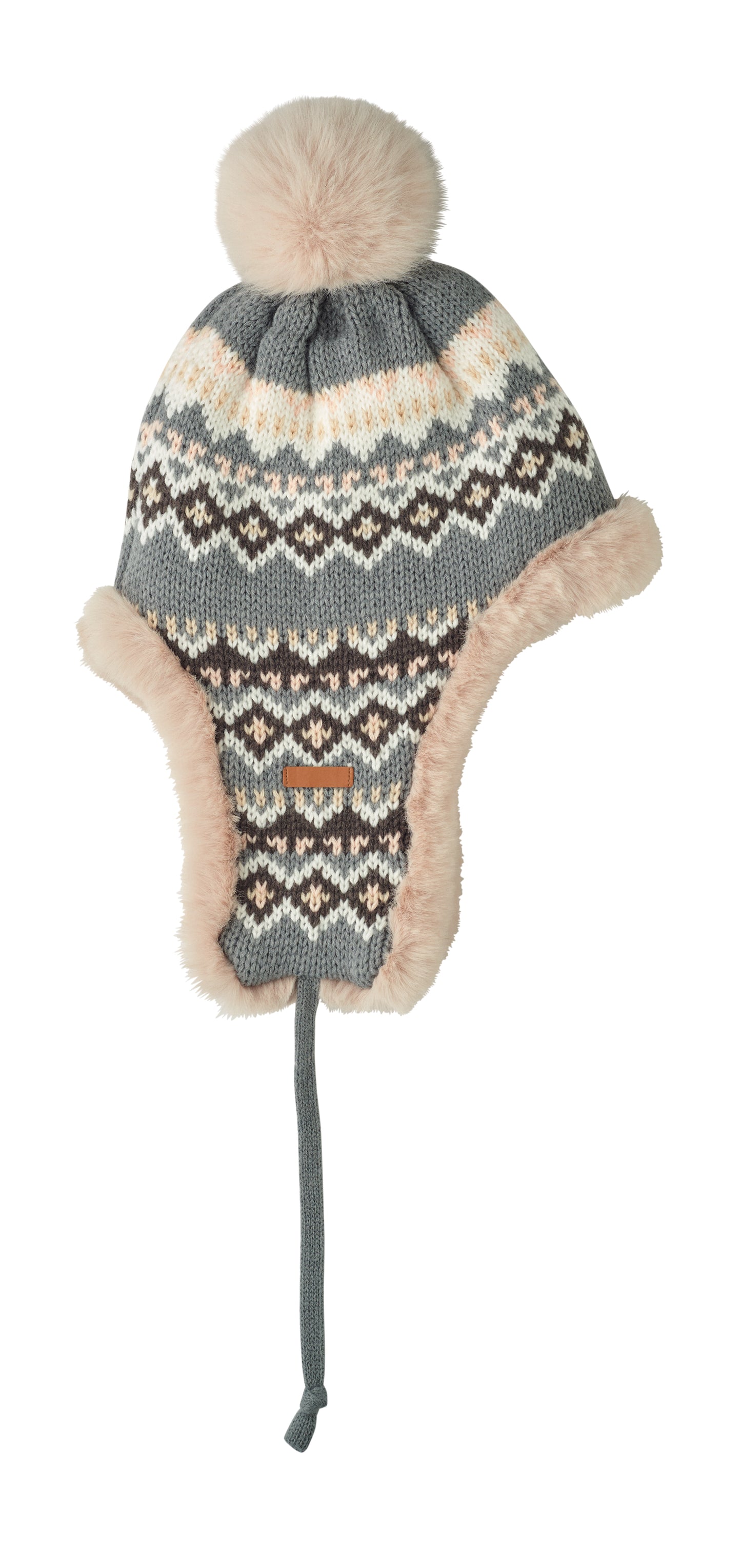 Gestrickte Mütze mit Ohrenklappen und Bommel aus Acrylfaser mit Polyester- und Fleece-Futter.