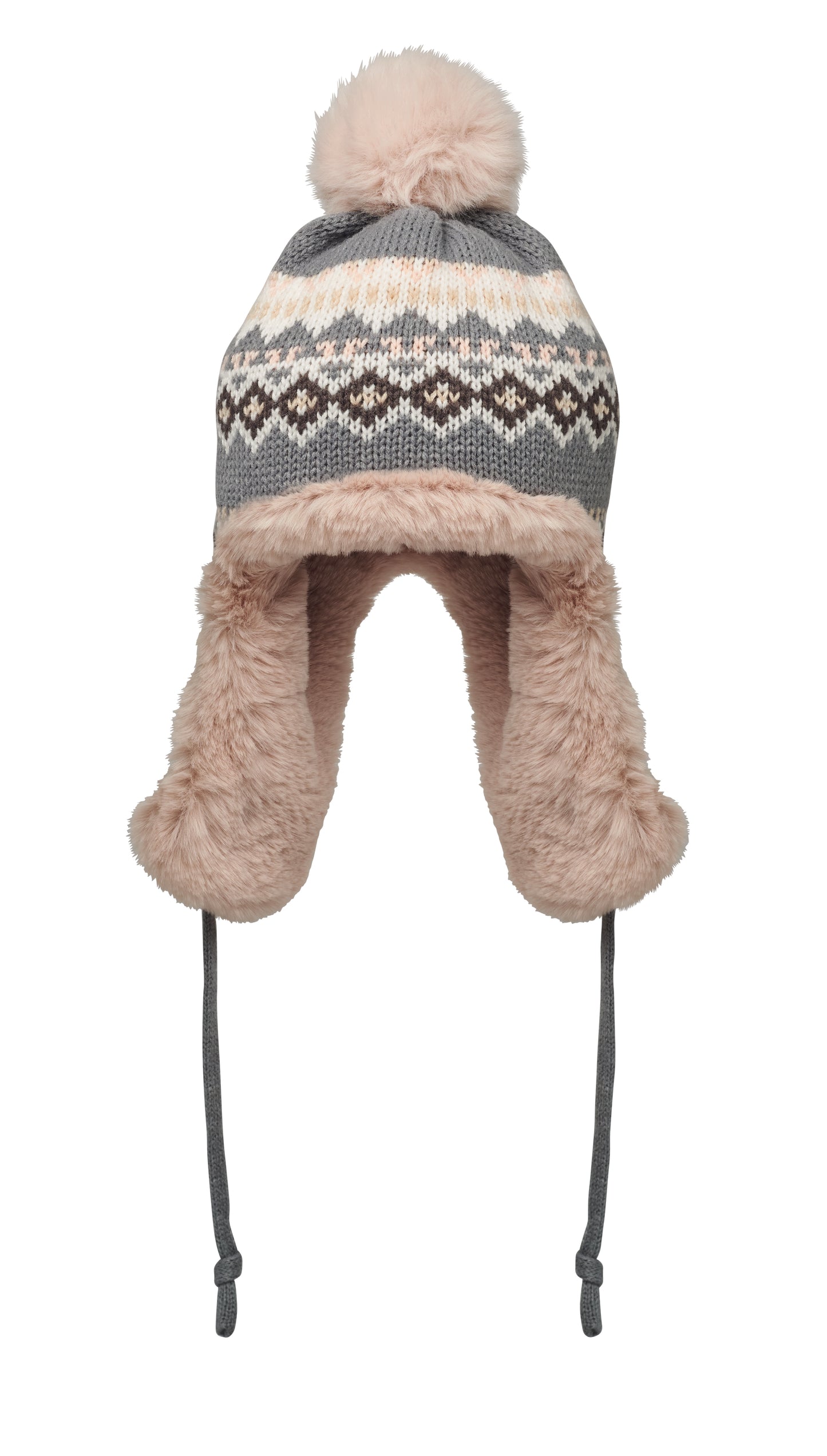 Gestrickte Mütze mit Ohrenklappen und Bommel aus Acrylfaser mit Polyester- und Fleece-Futter.