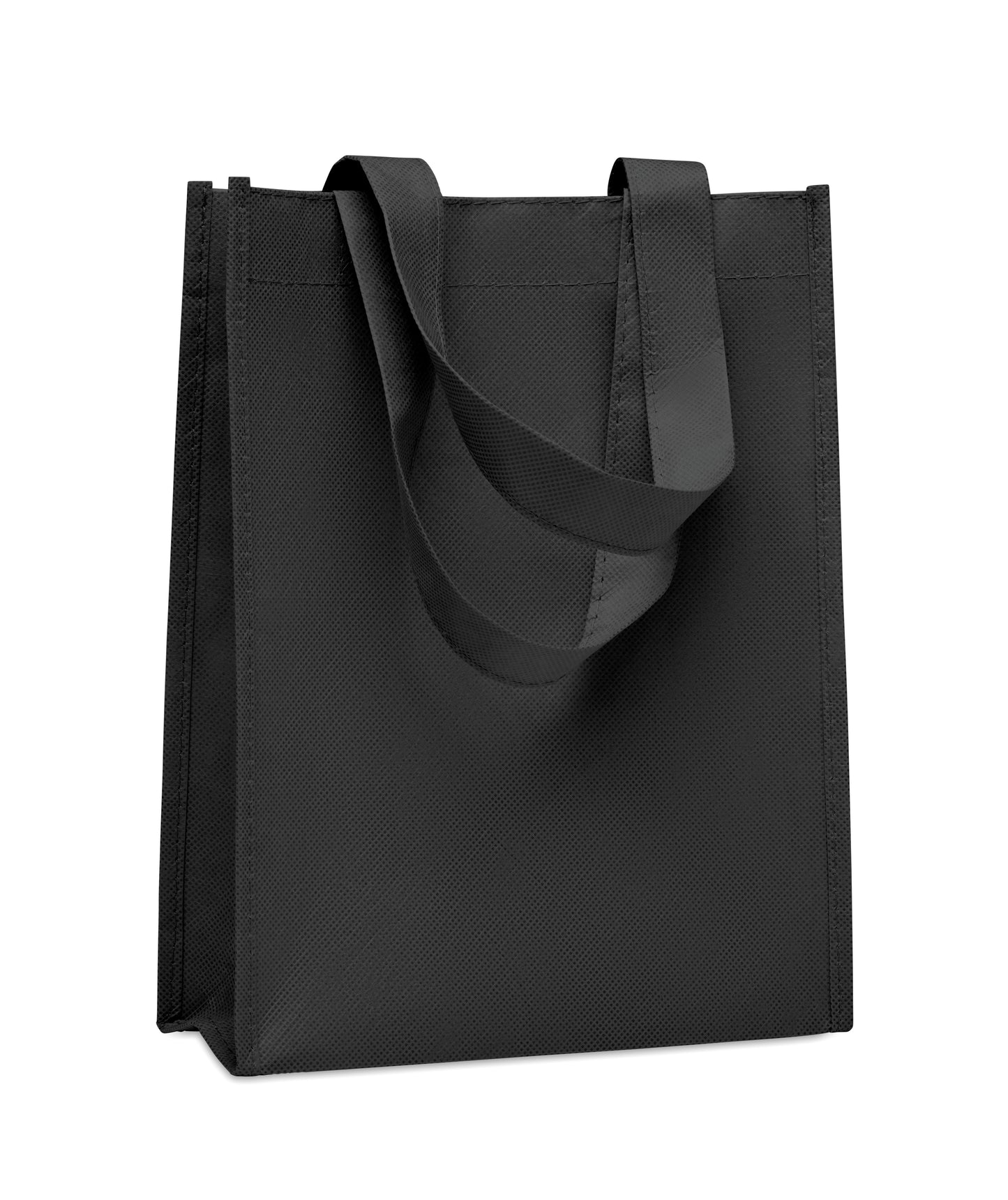 Kleine Geschenk- oder Goodie-Tasche mit kurzen Tragegriffen und Bodenfalte. RPET-Non Woven 80