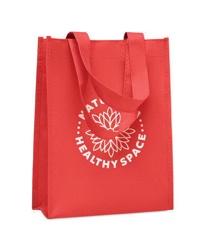 Kleine Geschenk- oder Goodie-Tasche mit kurzen Tragegriffen und Bodenfalte. RPET-Non Woven 80