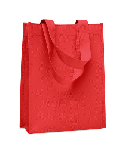 Kleine Geschenk- oder Goodie-Tasche mit kurzen Tragegriffen und Bodenfalte. RPET-Non Woven 80