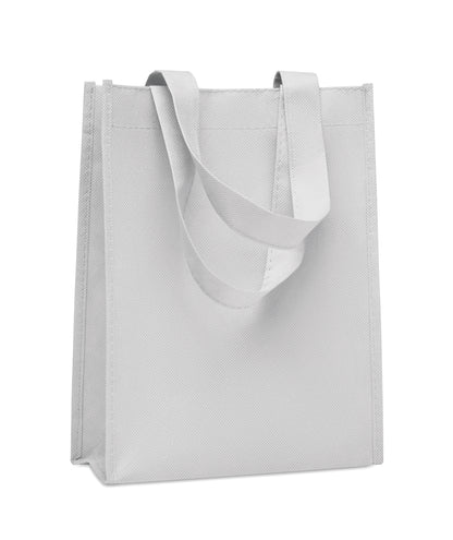 Kleine Geschenk- oder Goodie-Tasche mit kurzen Tragegriffen und Bodenfalte. RPET-Non Woven 80