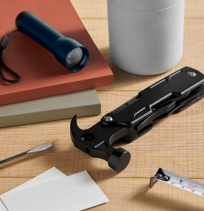 14in1-Multitool-Hammer in Edelstahl mit Aluminiumgriff. Inkl. Nagelzange Sechskantschlüssel Sägemesser Stahlfeile div. Schraubendreher