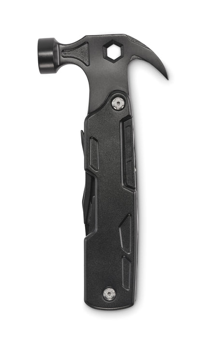 14in1-Multitool-Hammer in Edelstahl mit Aluminiumgriff. Inkl. Nagelzange Sechskantschlüssel Sägemesser Stahlfeile div. Schraubendreher