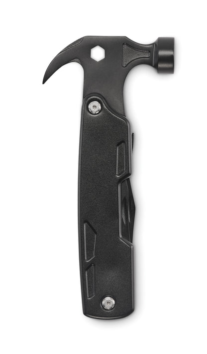 14in1-Multitool-Hammer in Edelstahl mit Aluminiumgriff. Inkl. Nagelzange Sechskantschlüssel Sägemesser Stahlfeile div. Schraubendreher