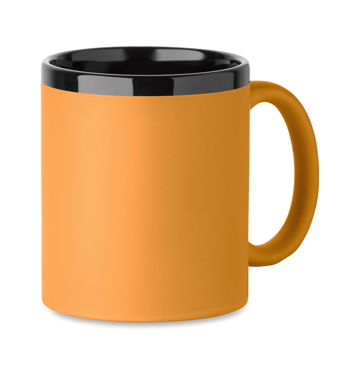 Keramikbecher mit Soft-Touch-Oberfläche und schwarzer Innenseite/Rand. Ideal für Gravur. Füllmenge: 300 ml.