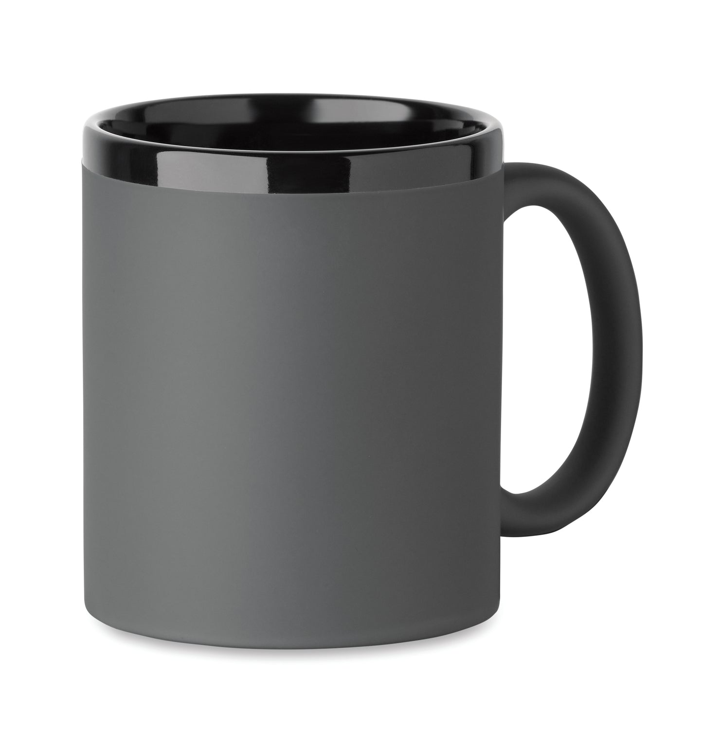 Keramikbecher mit Soft-Touch-Oberfläche und schwarzer Innenseite/Rand. Ideal für Gravur. Füllmenge: 300 ml.