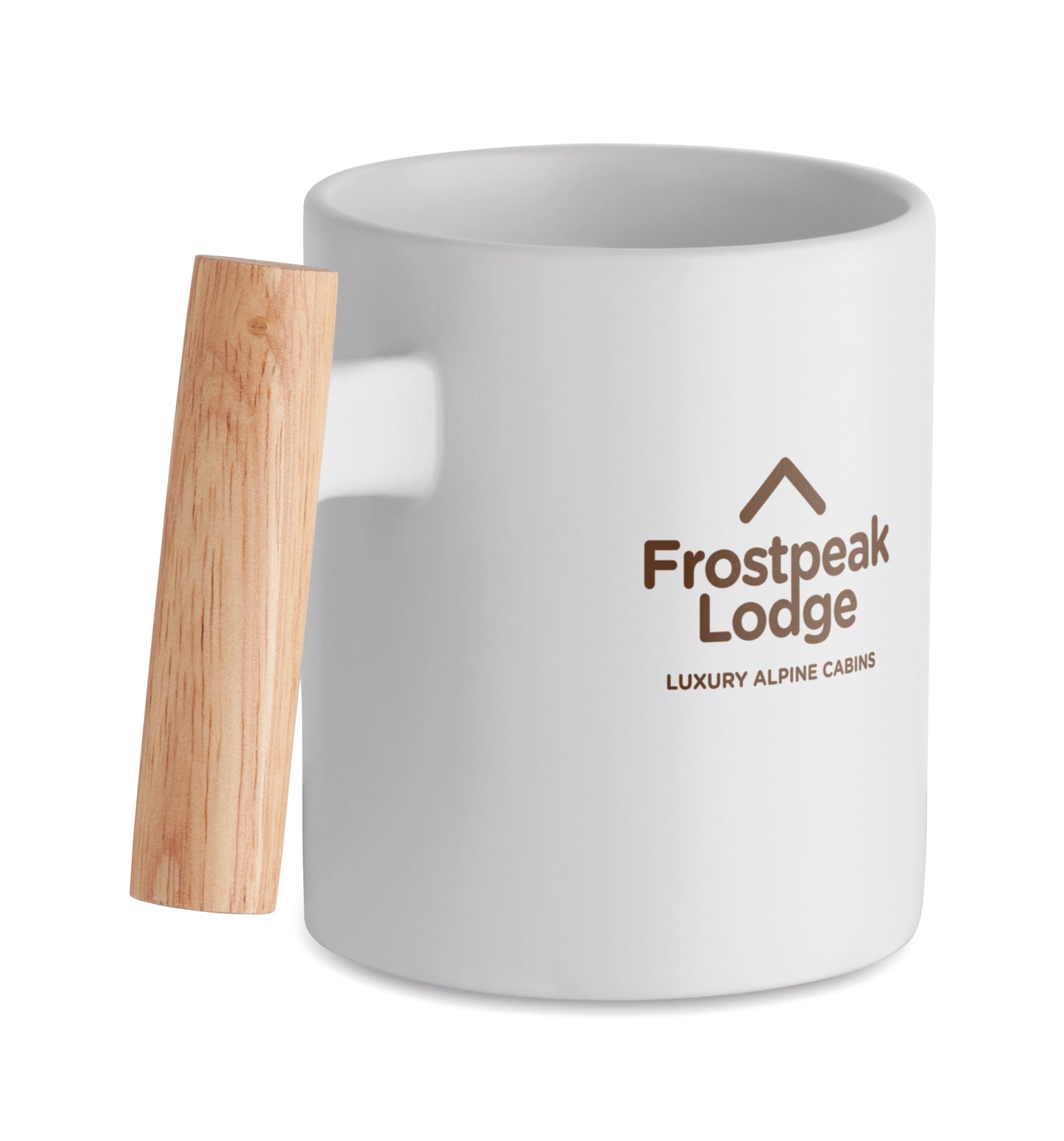 Becher aus Keramik mit Griff aus Holz. Füllmenge: 320 ml. Einzeln verpackt