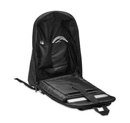 Diebstahlsicherer 15'' Laptop-Rucksack aus 600D RPET-Polyester. Rückseitiges Hauptfach diverse Fächer davon ein