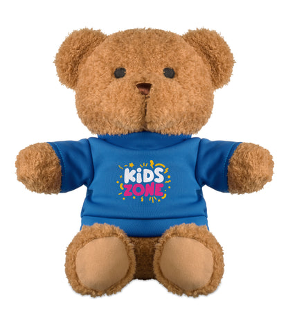 Teddybär aus Plüsch im T-Shirt. Sublimationsdruck nur auf weißem Material möglich.