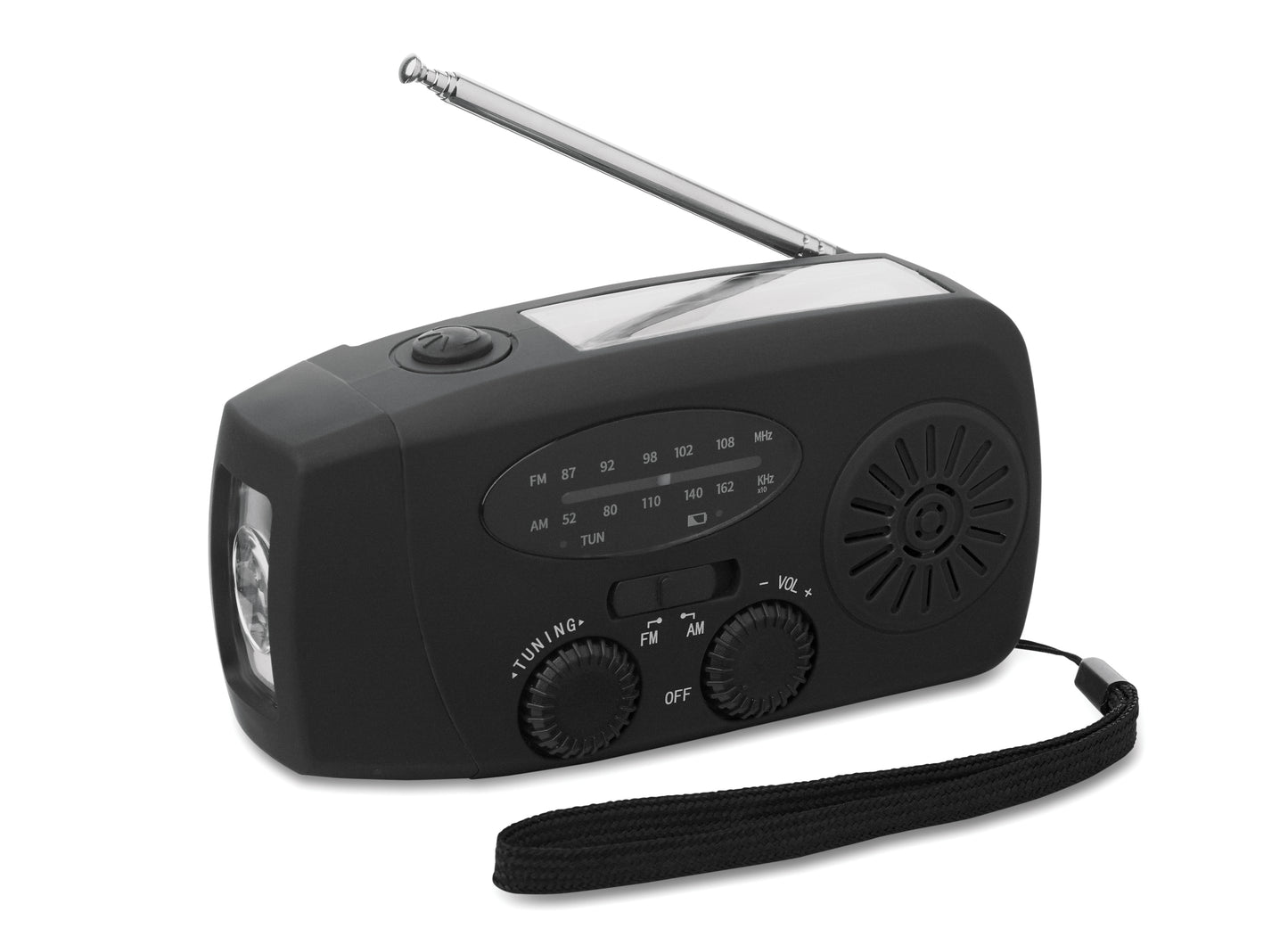 Tragbares AM/FM-Radio mit LED-Taschenlampe (2 Einstellungen) und 1200mAh Powerbank zum Notfall-Aufladen. Aufladen