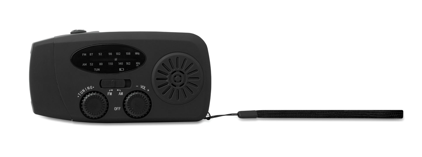 Tragbares AM/FM-Radio mit LED-Taschenlampe (2 Einstellungen) und 1200mAh Powerbank zum Notfall-Aufladen. Aufladen