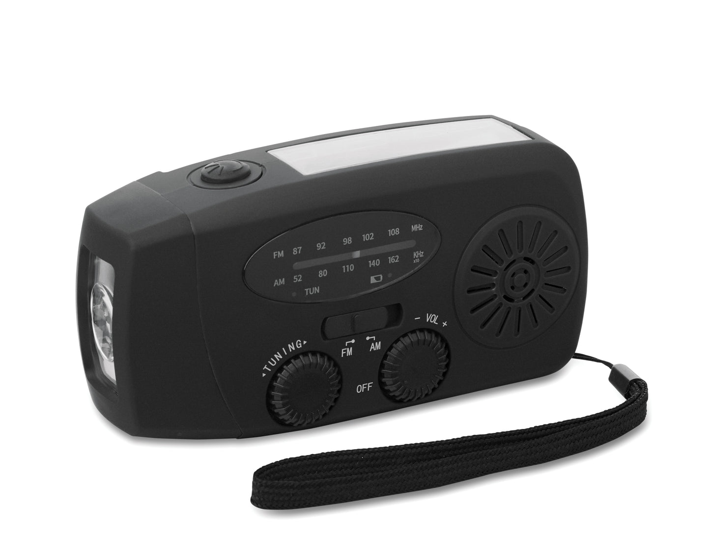Tragbares AM/FM-Radio mit LED-Taschenlampe (2 Einstellungen) und 1200mAh Powerbank zum Notfall-Aufladen. Aufladen
