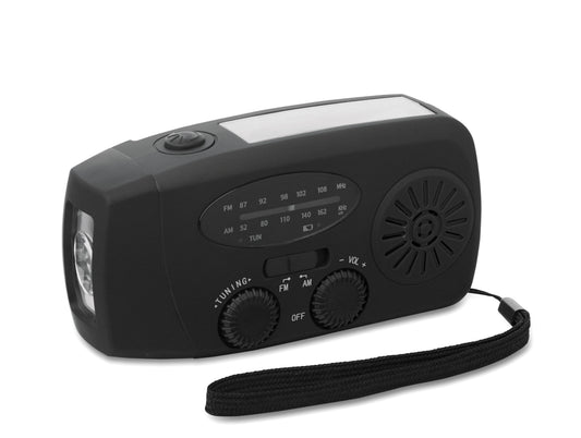 Tragbares AM/FM-Radio mit LED-Taschenlampe (2 Einstellungen) und 1200mAh Powerbank zum Notfall-Aufladen. Aufladen