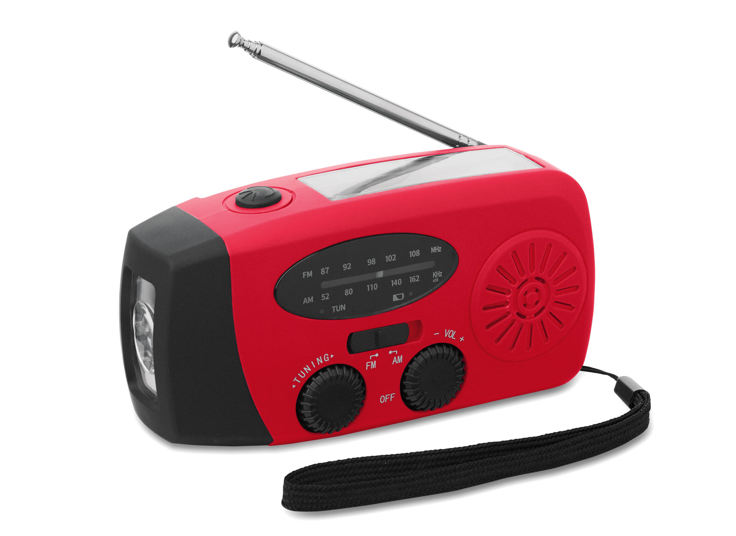 Tragbares AM/FM-Radio mit LED-Taschenlampe (2 Einstellungen) und 1200mAh Powerbank zum Notfall-Aufladen. Aufladen