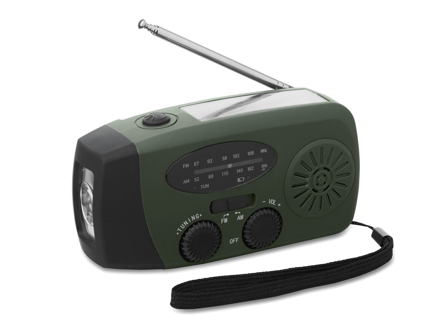 Tragbares AM/FM-Radio mit LED-Taschenlampe (2 Einstellungen) und 1200mAh Powerbank zum Notfall-Aufladen. Aufladen