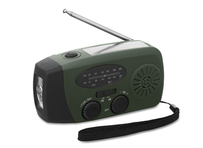 Tragbares AM/FM-Radio mit LED-Taschenlampe (2 Einstellungen) und 1200mAh Powerbank zum Notfall-Aufladen. Aufladen