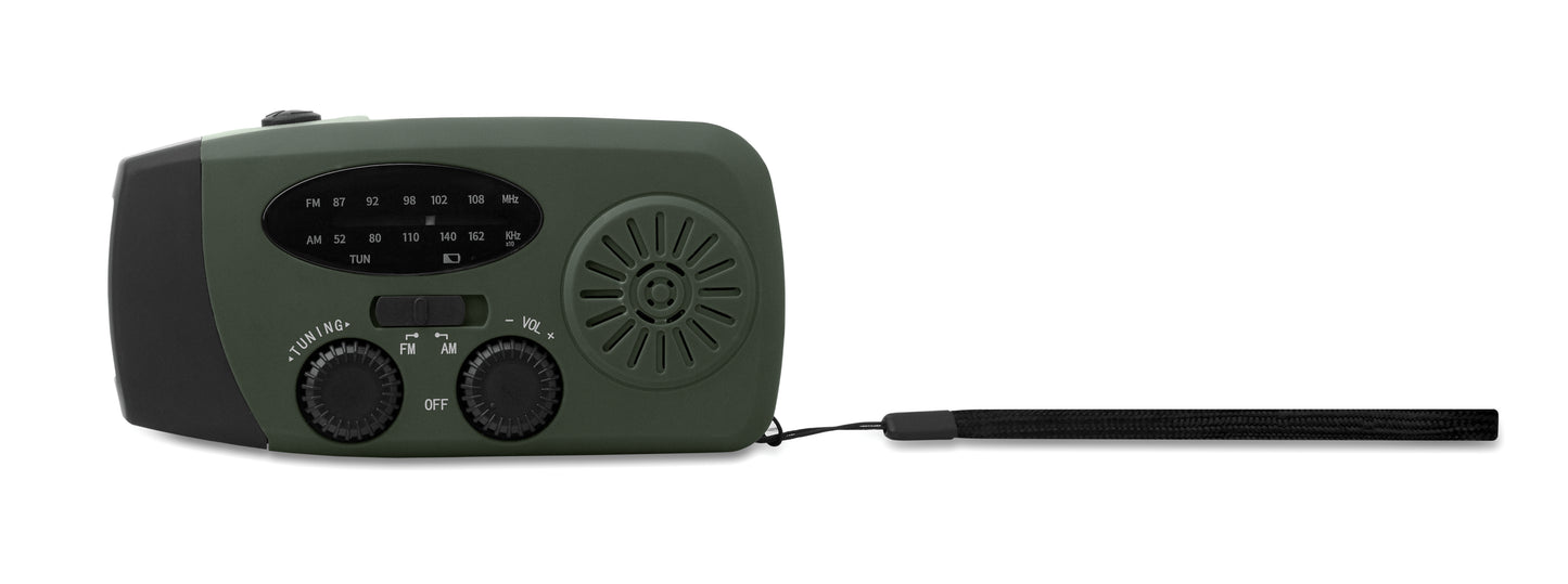 Tragbares AM/FM-Radio mit LED-Taschenlampe (2 Einstellungen) und 1200mAh Powerbank zum Notfall-Aufladen. Aufladen