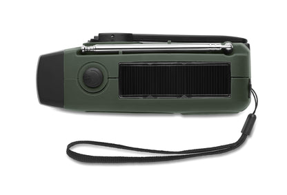 Tragbares AM/FM-Radio mit LED-Taschenlampe (2 Einstellungen) und 1200mAh Powerbank zum Notfall-Aufladen. Aufladen