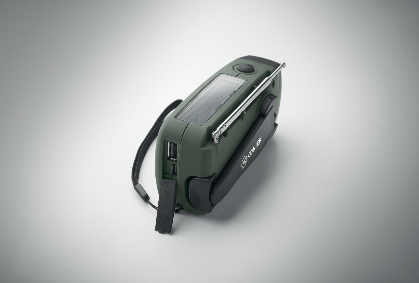 Tragbares AM/FM-Radio mit LED-Taschenlampe (2 Einstellungen) und 1200mAh Powerbank zum Notfall-Aufladen. Aufladen