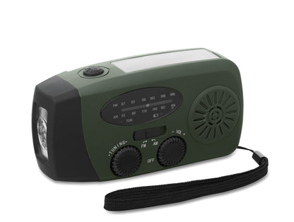 Tragbares AM/FM-Radio mit LED-Taschenlampe (2 Einstellungen) und 1200mAh Powerbank zum Notfall-Aufladen. Aufladen
