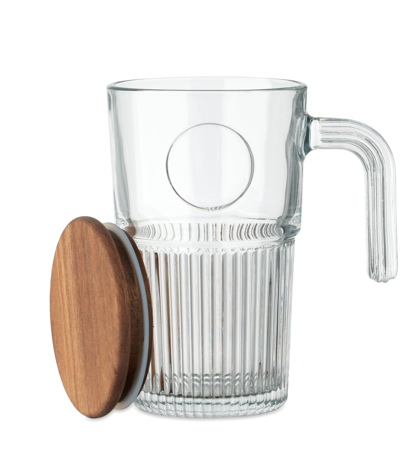 Großer Trinkbecher aus Glas mit Deckel aus Akazienholz. Füllmenge: 450 ml. FSC®-certified