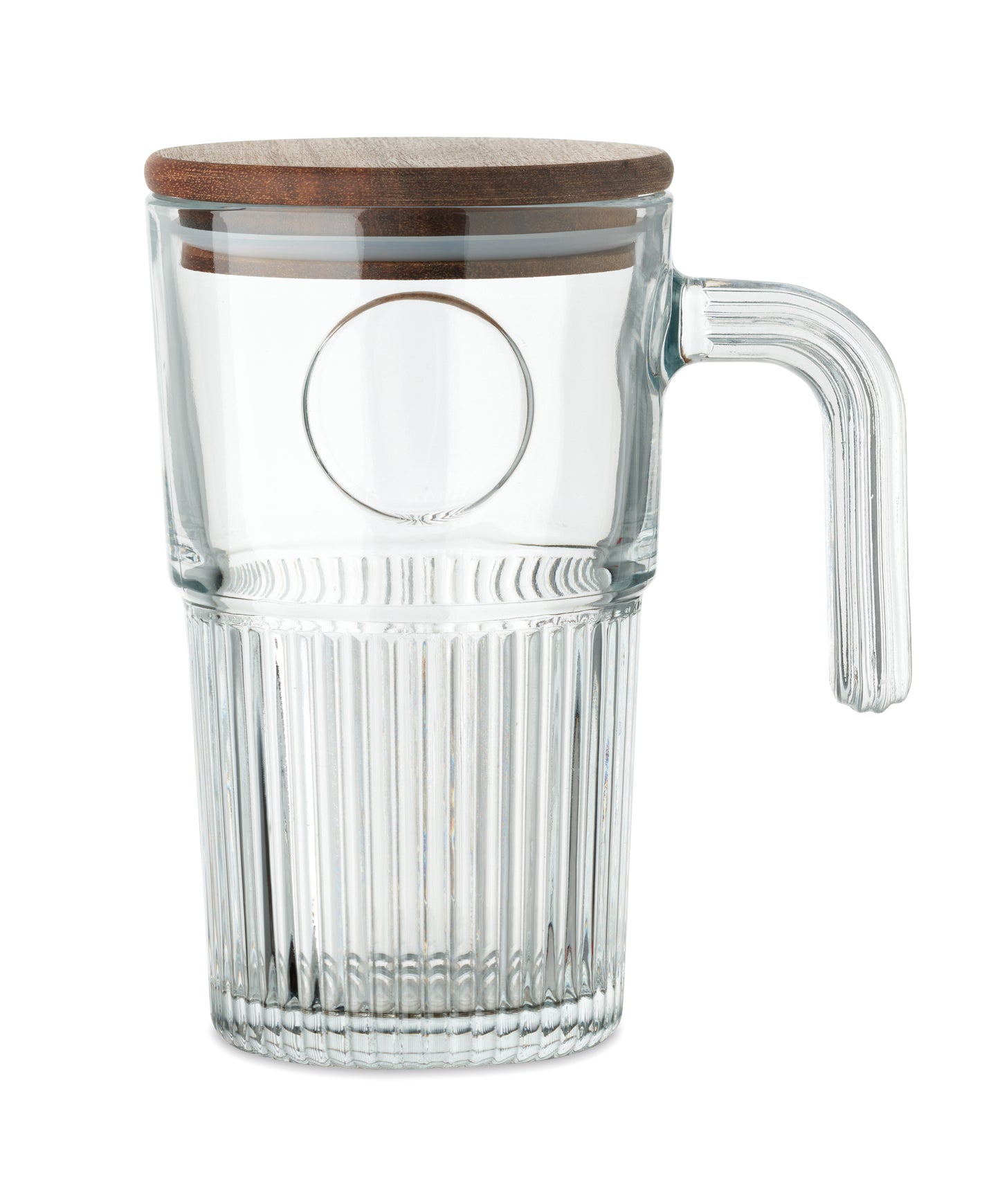 Großer Trinkbecher aus Glas mit Deckel aus Akazienholz. Füllmenge: 450 ml. FSC®-certified