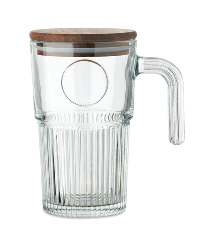 Großer Trinkbecher aus Glas mit Deckel aus Akazienholz. Füllmenge: 450 ml. FSC®-certified