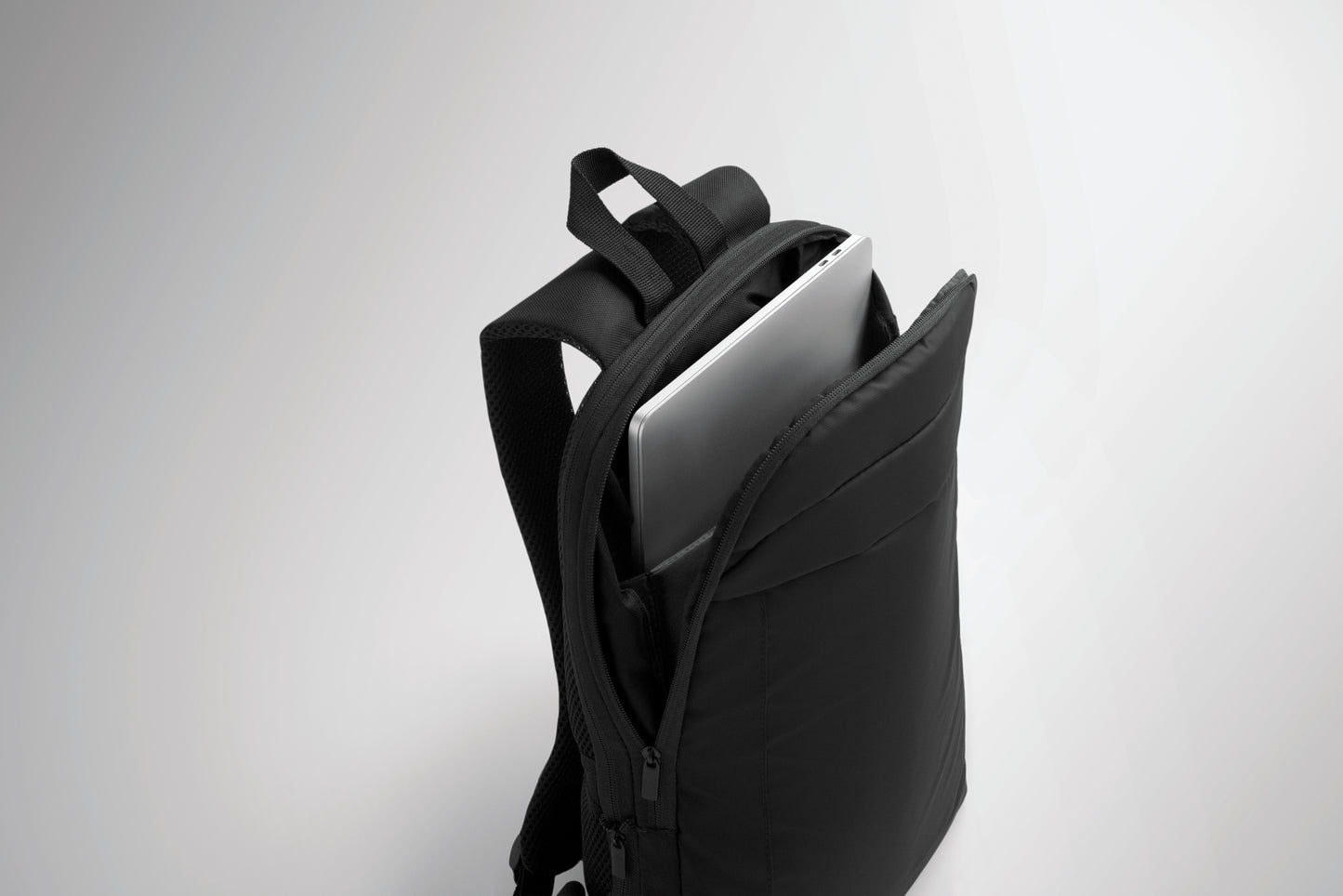 Erweiterbarer 16'' Laptop-Rucksack aus 600D RPET Polyester mit PU-Beschichtung. Gepolstertes Laptopfach versteckte