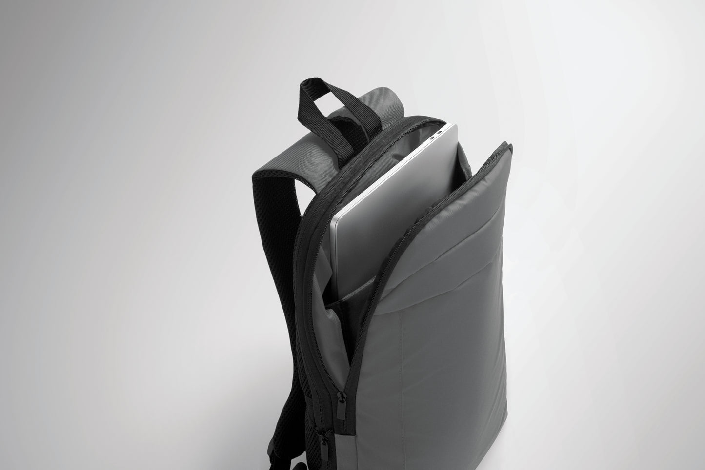 Erweiterbarer 16'' Laptop-Rucksack aus 600D RPET Polyester mit PU-Beschichtung. Gepolstertes Laptopfach versteckte
