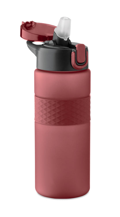 Trinkflasche aus RPET. Flip-Top-Deckel aus PP Sicherheitsverschluss und Henkel aus Silikon. Mit