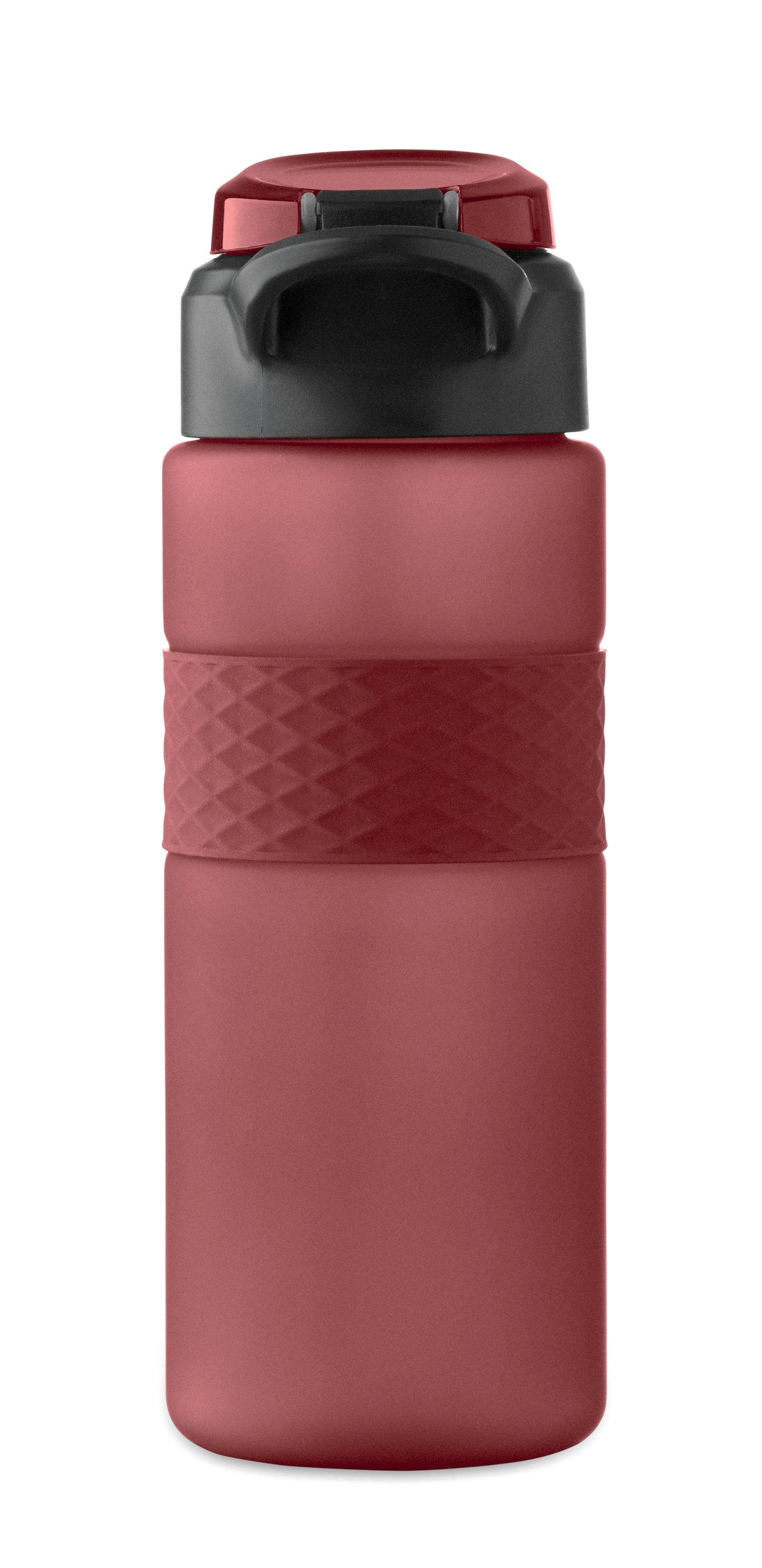 Trinkflasche aus RPET. Flip-Top-Deckel aus PP Sicherheitsverschluss und Henkel aus Silikon. Mit