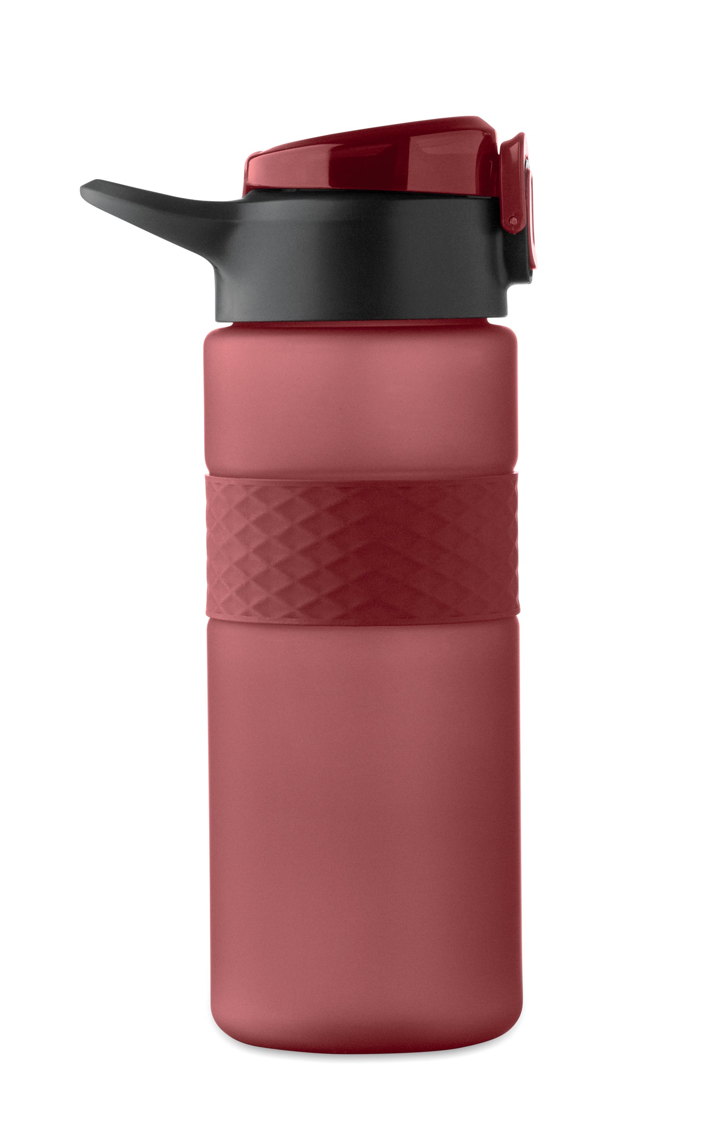 Trinkflasche aus RPET. Flip-Top-Deckel aus PP Sicherheitsverschluss und Henkel aus Silikon. Mit